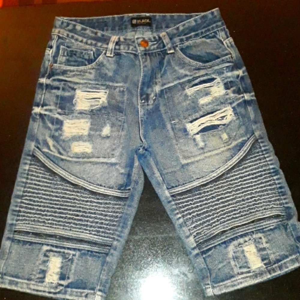 Black Premium Jean Ribbed Shorts Dark Blue Denim